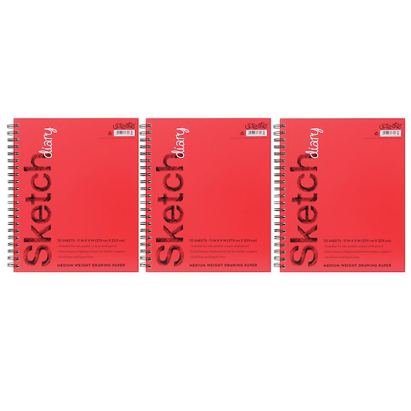 Sketch Diary, Medium Weight, 11in x 9in, 70 Sheets, PK3